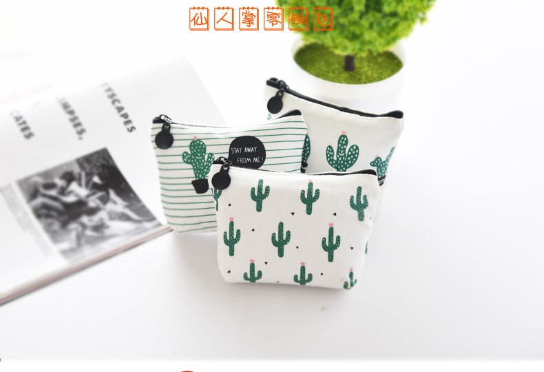 Canvas triangular cactus coin purse small fresh canvas zipper coin bag key bag