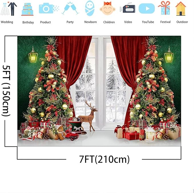 Avezano Christmas Photography Background Christmas Window Snow Landscape Christmas Tree Luxury Christmas Background Winter Holiday Family Newborn Baby Portrait Background Photography Studio Props (7x5